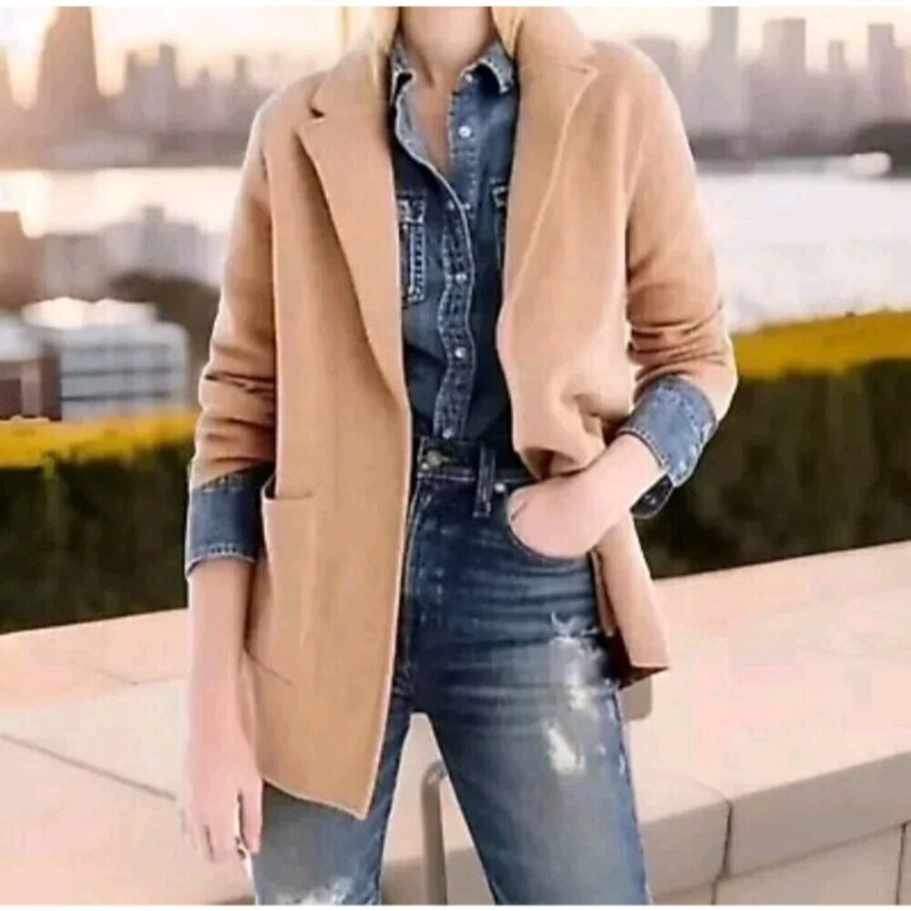 J Crew Merino Wool Blend Sweater Blazer Open Front Camel Brown Preppy size Small - Picture 3 of 8